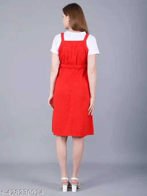 Red striped cotton dungaree dress with belt, ideal for beach travel and casual wear