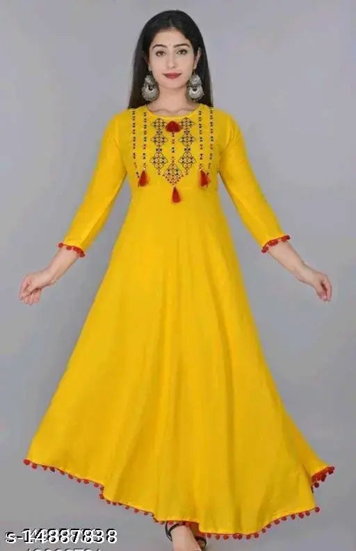 Rayon Anarkali solid yellow kurti with embroidered patterns, three-quarter sleeves for women, India origin