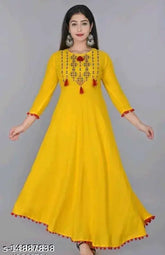 Rayon Anarkali solid yellow kurti with embroidered patterns, three-quarter sleeves for women, India origin