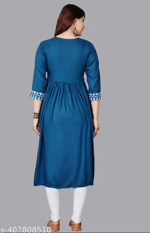 Rayon embroidered kurti, single-tone Anarkali style with three-quarter sleeves, Indian fashion on mannequin (S: Bust 36in, M: Bust 38in)