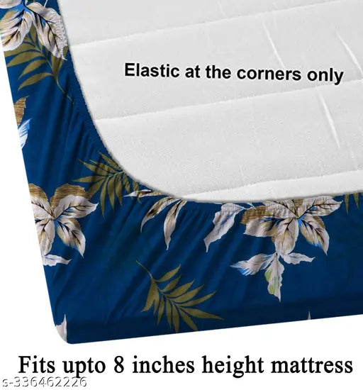 Glace Cotton double bed elastic fitted bedsheet with 2 pillow covers (72X78 inches, 18X28 inches), botanical print, soft microfiber fabric, ideal for summer decor