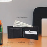 Black artificial leather men's wallet, 12 card slots, sleek design with transparent album slots, slim and pocket-sized for easy storage