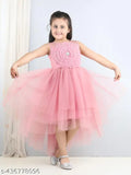 Dusty rose net party dress for girls aged 2-5, decorated with embroidery, made in India