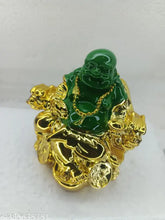 Laughing Buddha sitting sofa, green poly resin Feng Shui showpiece, 7cm height from India