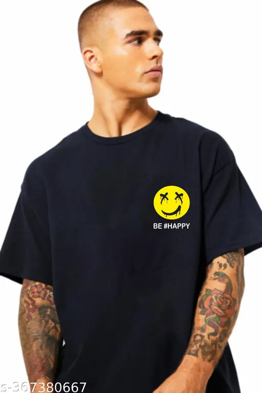 Oversized black cotton Happy Joker T-shirt for men, 100% cotton blend, three-quarter sleeves