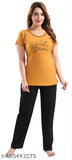 Yellow Daley Wear cotton pyjama set with printed net pattern, half sleeves, and round neck. 100% cotton hosiery fabric for comfort and skin-friendly nightwear