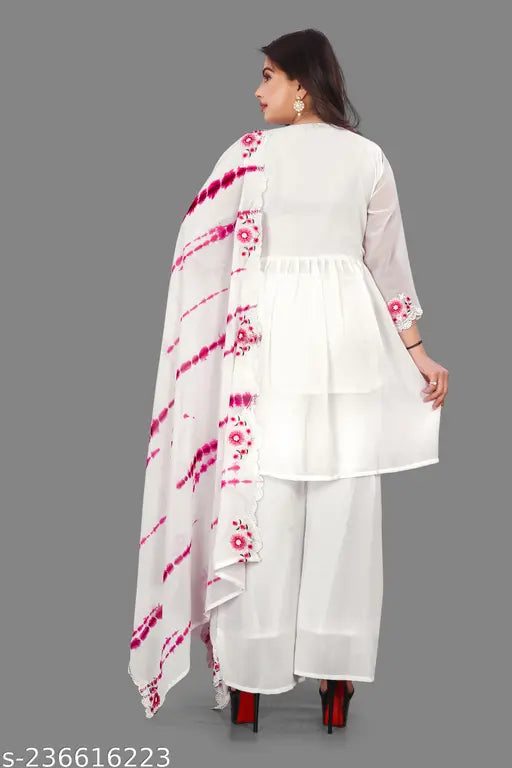 White Georgette Partywear Sharara Set with Embroidery and Printed Design, suitable for women and girls. One size available (S, M, L, XL, XXL). Made in India