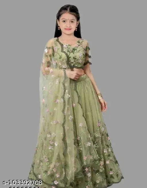 Butterfly.Pista.38 net lehenga & choli for kids, embroidered, 3/4 sleeves, 9-14 years old, India origin