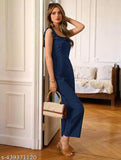 Comfy elegant Lycra jumpsuit in blue & black, casual sleeveless high waist with knot detail, long regular fit, slight stretch – various sizes available