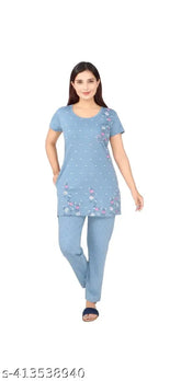 White polycotton printed nightsuit, loose-fit with round neck, summer daily wear for women