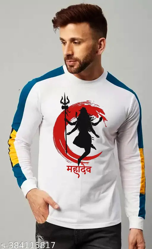 Mahadev Shivji Shivratri Cotton Blend Long Sleeve Round Neck Tee, printed net design, India-made clothing for all seasons