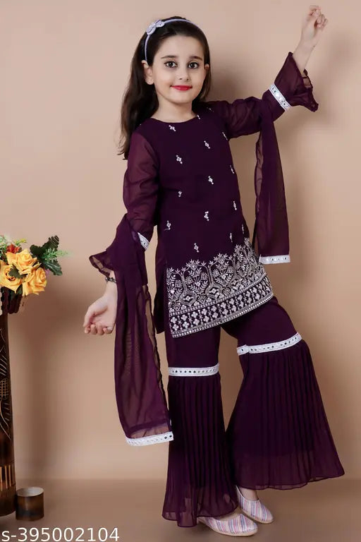 Purple embroidered sequin sharara set with dupatta on Georgette fabric, size 3-4 years
