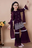 Purple embroidered sequin sharara set with dupatta on Georgette fabric, size 3-4 years