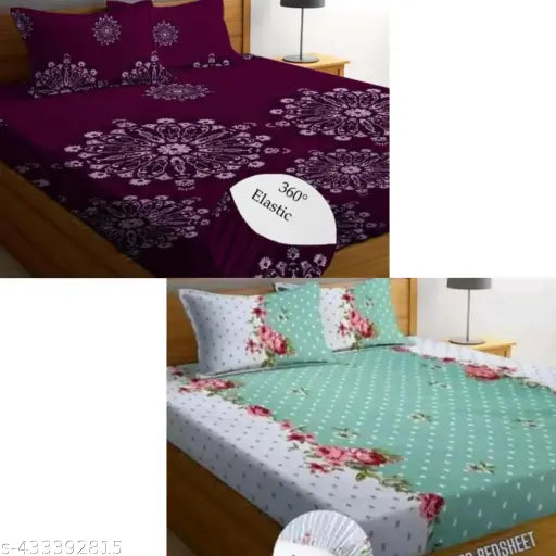 White cotton blend, floral-patterned fitted double bedsheet set with 4 pillow covers, ideal for AC rooms. Superfine quality elastic sheets from Gravia Homes