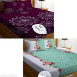 White cotton blend, floral-patterned fitted double bedsheet set with 4 pillow covers, ideal for AC rooms. Superfine quality elastic sheets from Gravia Homes