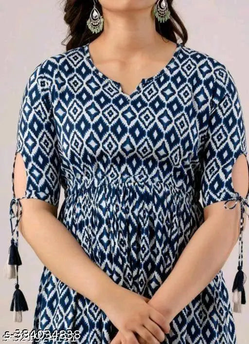 Multicolor printed rayon three-quarter sleeve Anarkali kurti with detailed size chart for women, India origin