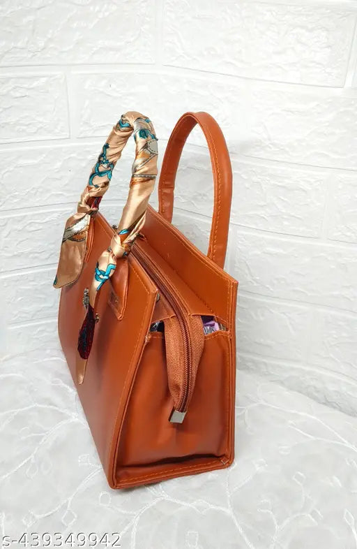 Stylish PU sling handbag, tan with nautical scarf handle, 2 compartments, suitable for girls & women