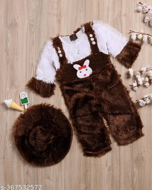 Brown wool three-quarter sleeve printed winter sweater for girls with matching hat, Indian origin