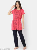 Pink cotton navy women's night suit with flower print, soft and comfortable cotton fabric for a cozy sleep