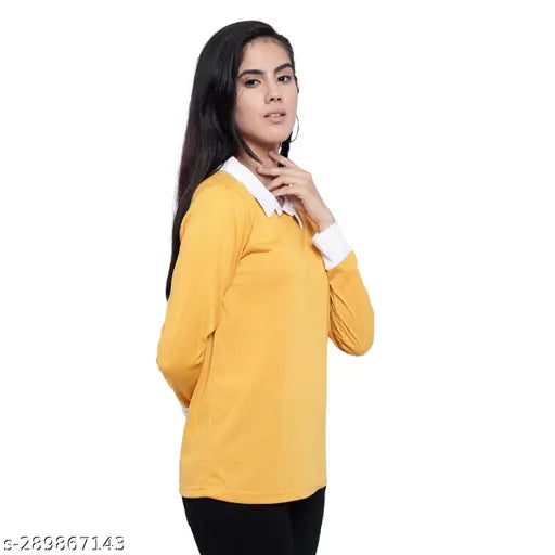 Solid yellow cotton blend long sleeve t-shirt for women, premium quality, collar neck design