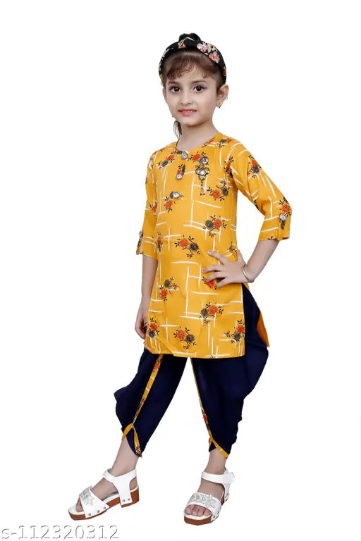 Mustard yellow checked Patiala suit for girls, cotton silk Anarkali style from Hariyal Creation - Indian ethnic wear for 3-9 years