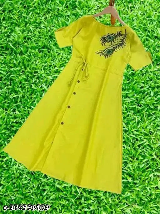 Fashionable cotton slub digital print Anarkali kurti for women, short sleeves, solid combo, size S (36in bust, 44in length)