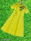 Fashionable cotton slub digital print Anarkali kurti for women, short sleeves, solid combo, size S (36in bust, 44in length)