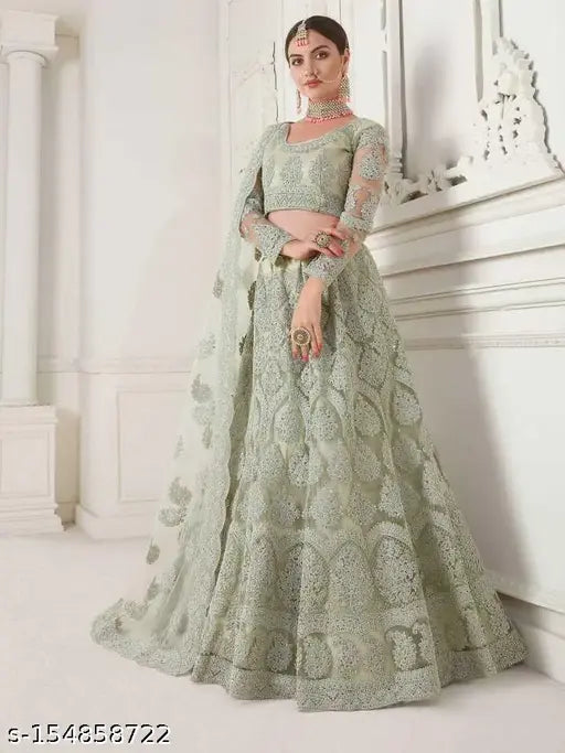 Trendy net embroidered women's lehenga choli set, semi-stitched with 42 inch waist and length, Indian origin