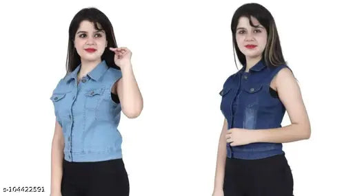 Light Dark denim sleeveless jacket, solid pattern in XS and M sizes