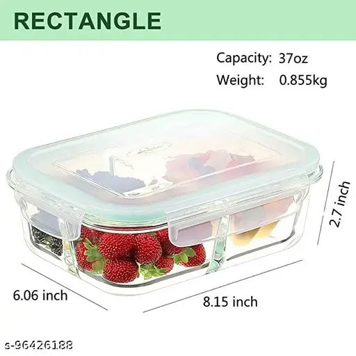 Borosilicate glass 3-compartment microwave-safe lunch box (1000ml) with leak-proof airtight lid - India-made high-quality storage solution for dry food items