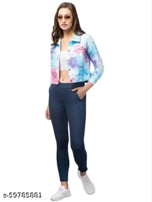 Denim tie-dye jacket, textured net pattern, Mam & U women's long sleeve denim jacket, size M from India