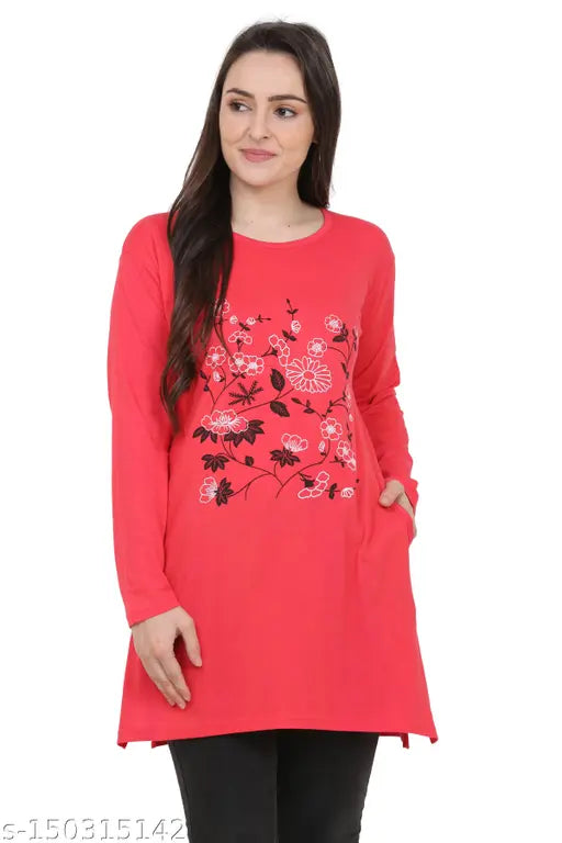 Cotton Blend printed long sleeve polo t-shirt for women, nightwear, sleepwear or formal occasions. Patterned with love print design. Made in India