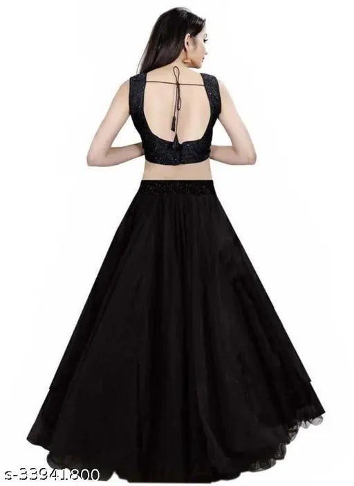 Satin semi-stitched women's lehengha choli with net dupatta, solid print and embellished details, size 42x44in