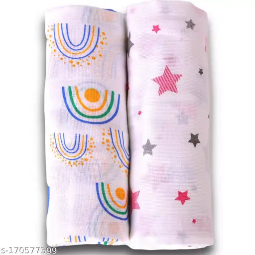 Pink Star & Rainbow organic muslin swaddles (2pcs), soft, breathable, and ideal for newborns
