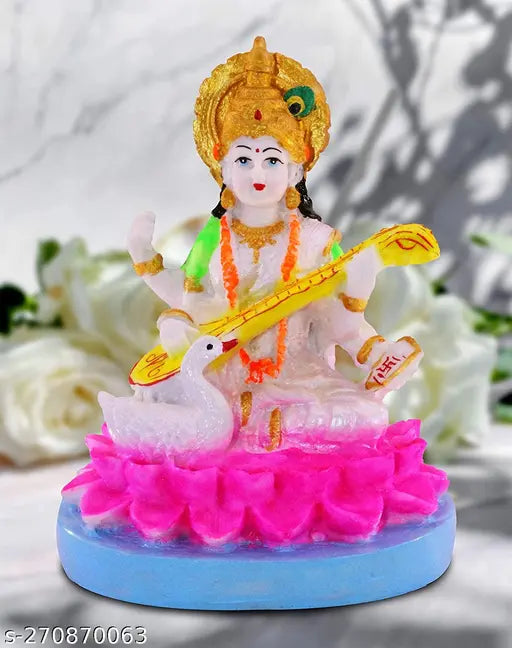 Marble Saraswati Idol showpiece (5cm), traditional Indian decorative item for puja purposes, hand-painted and washable