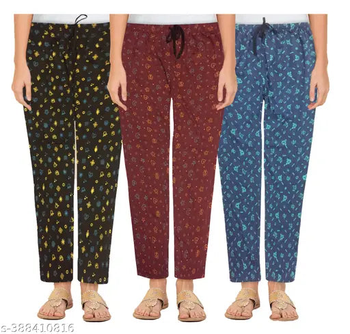 Cotton knee-length AFIYA Women's pyjama pack of 3 with attractive multi-color flower print, Indian origin