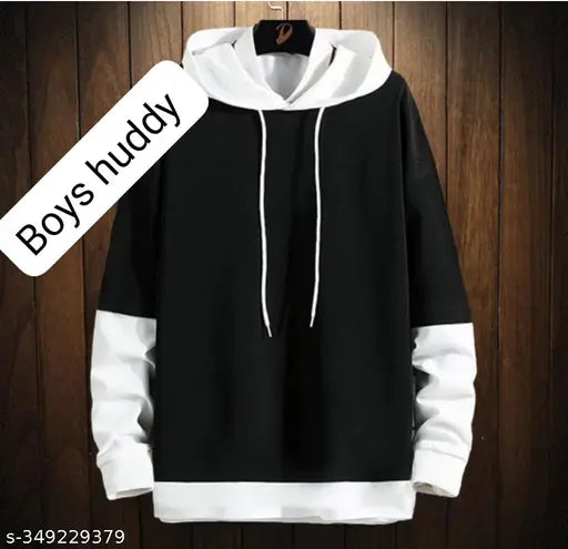Stylish black and white wool hoodie for boys, solid pattern on display stand (10-16 years)