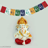 Ganesha idol with flag for car dashboard decor, religious figurine from India on car net