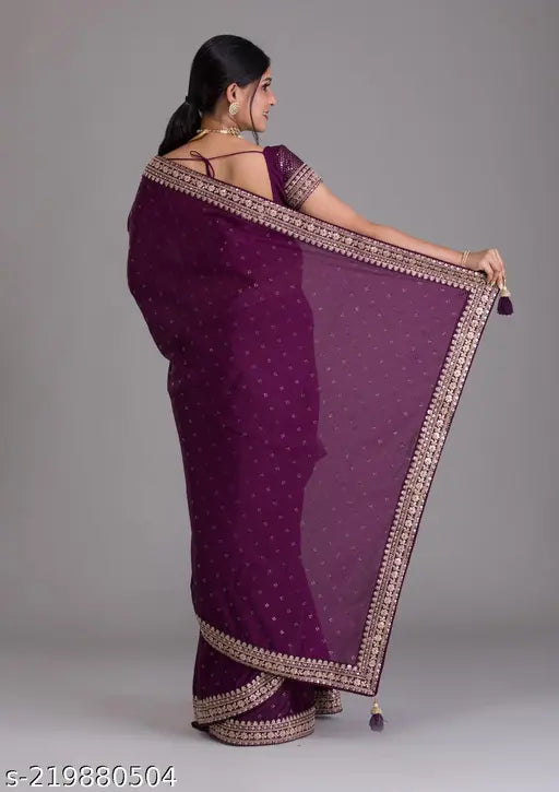Golden Georgette Saree with 5MM Sequin Embroidery, full-length, India origin