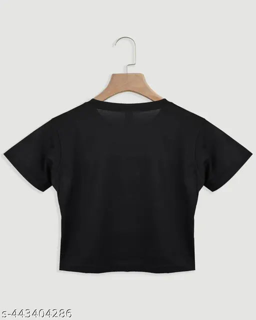 Black cotton blend t-shirt for women, short sleeves with trendy printed net design