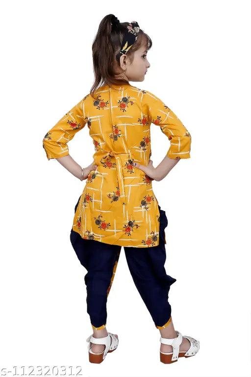 Mustard yellow designer checked Patiala suit for girls, cotton silk by Hariyal Creation - Indian ethnic kids wear, size 3-4 years