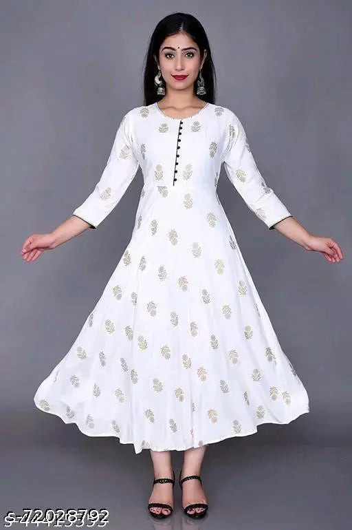 Black and multi-colored rayon Anarkalis kurti with high slit, gold print, three-quarter sleeves. Pakistani women's fashion in various sizes." (123 characters)