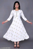 Black and multi-colored rayon Anarkalis kurti with high slit, gold print, three-quarter sleeves. Pakistani women's fashion in various sizes." (123 characters)
