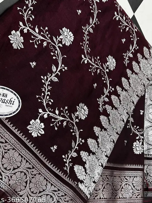 Banarasi Satin saree with silver zari, georgette fabric, embroidered net blouse, Indian handloom fashion