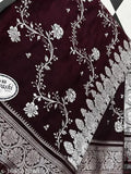 Banarasi Satin saree with silver zari, georgette fabric, embroidered net blouse, Indian handloom fashion