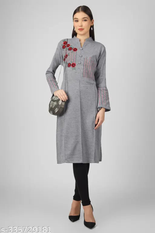 Wool embroidery work long kurta, solid combo, Christy's Collection women's wear, woolen long sleeve, L (bust size 38in), XL (bust size 40in), Indian craftsmanship