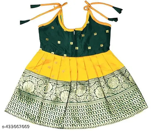 Silk jacquard print pavadai frock dress for baby girls, Indian made