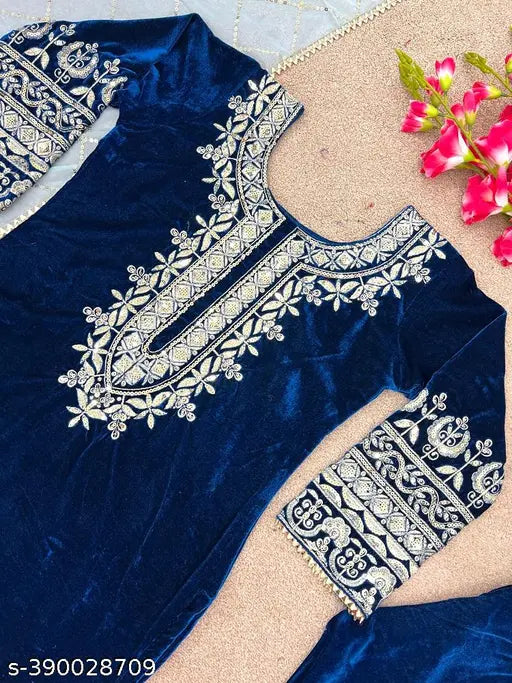Designer party wear look, heavy viscose velvet top with dupatta and fully stitched bottom. Embroidered, three-quarter sleeves, 1.1kg weight. Pakistani velvet suit for a high-quality event