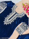 Designer party wear look, heavy viscose velvet top with dupatta and fully stitched bottom. Embroidered, three-quarter sleeves, 1.1kg weight. Pakistani velvet suit for a high-quality event