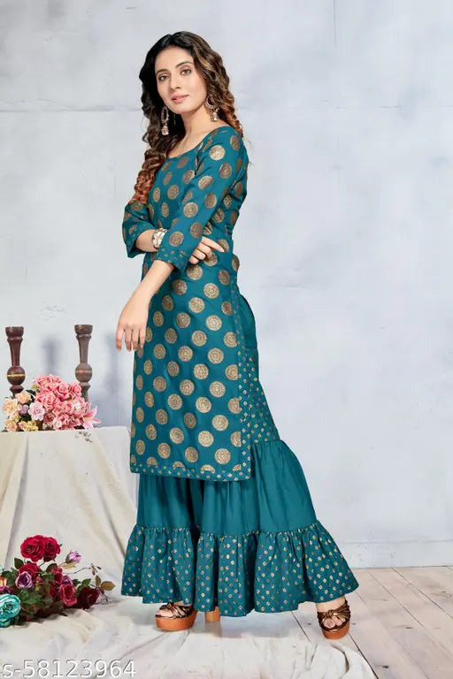 Gold foil-printed rayon straight kurta with sharara bottom, perfect fit for casual or party wear, women's fashion accessory on display